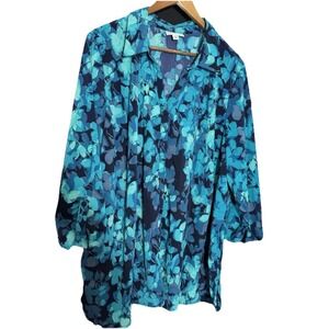 Catherines Blouse Womens 2X 22-24W Colorful Floral Collared 3/4 Sleeve Button Up